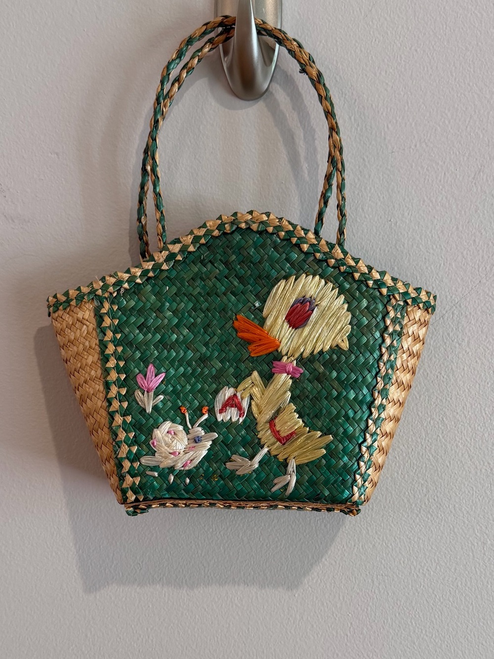 Woven Green Straw Tote with Embroidered Duck